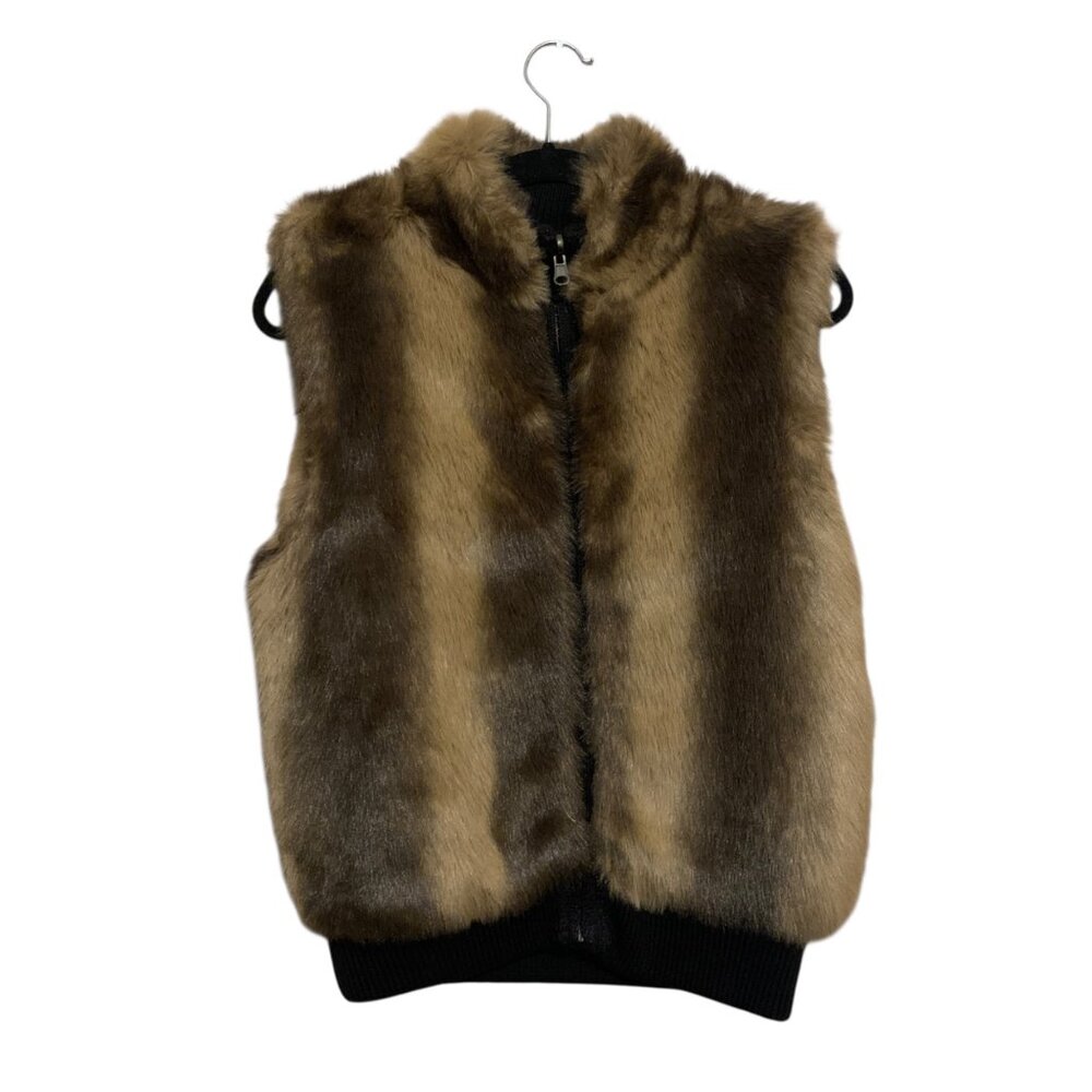 Lisa International Faux Fur Vest Large Brown Striped Zip-Up Sleeveless Design